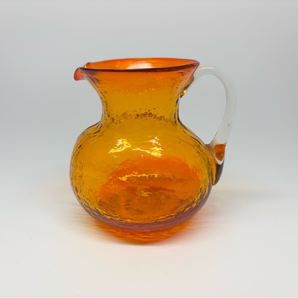 Vintage Handblown Crackle Glass Orange Pitcher 3.25”